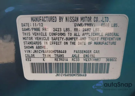 2013 Infiniti G37X z USA, uszkodzony, nr VIN JN1CV6AR9DM758449